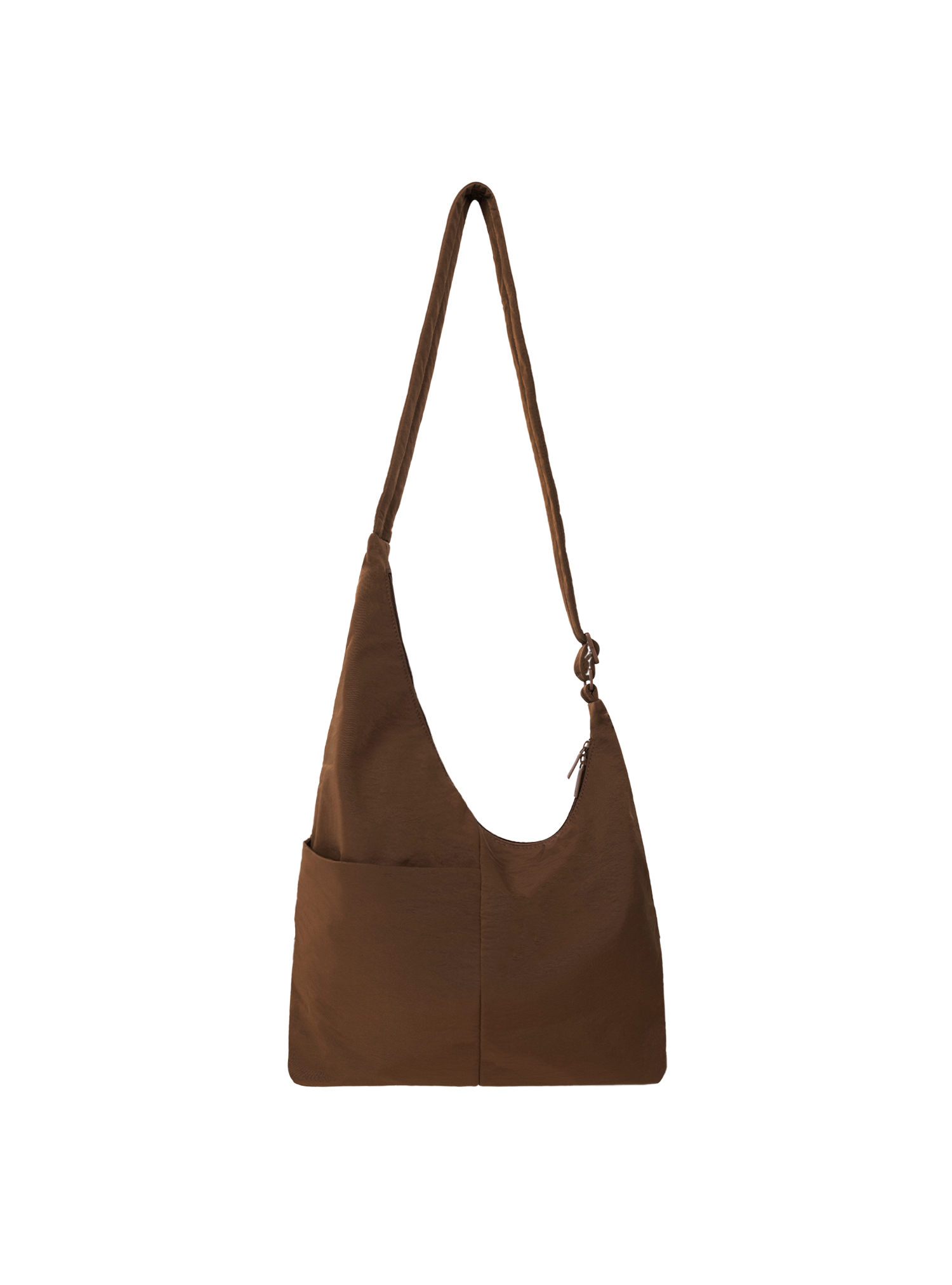 The Midi Arc slouchy hobo bag in chocolate brown nylon with adjustable strap for shoulder or crossbody wear