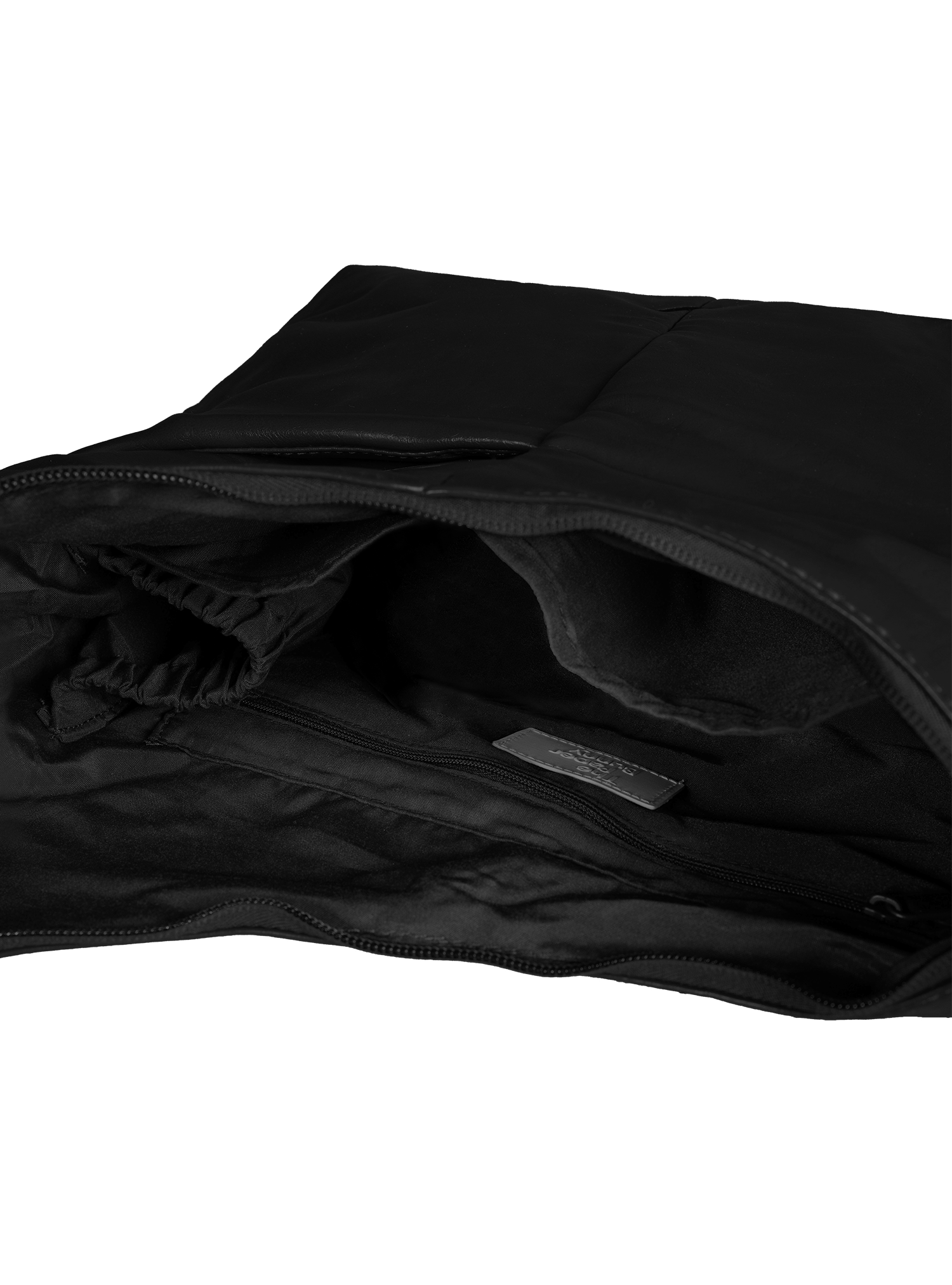 Interior of the Midi Arc hobo-style bag in black vegan leather, with multiple pockets and a bottle holder