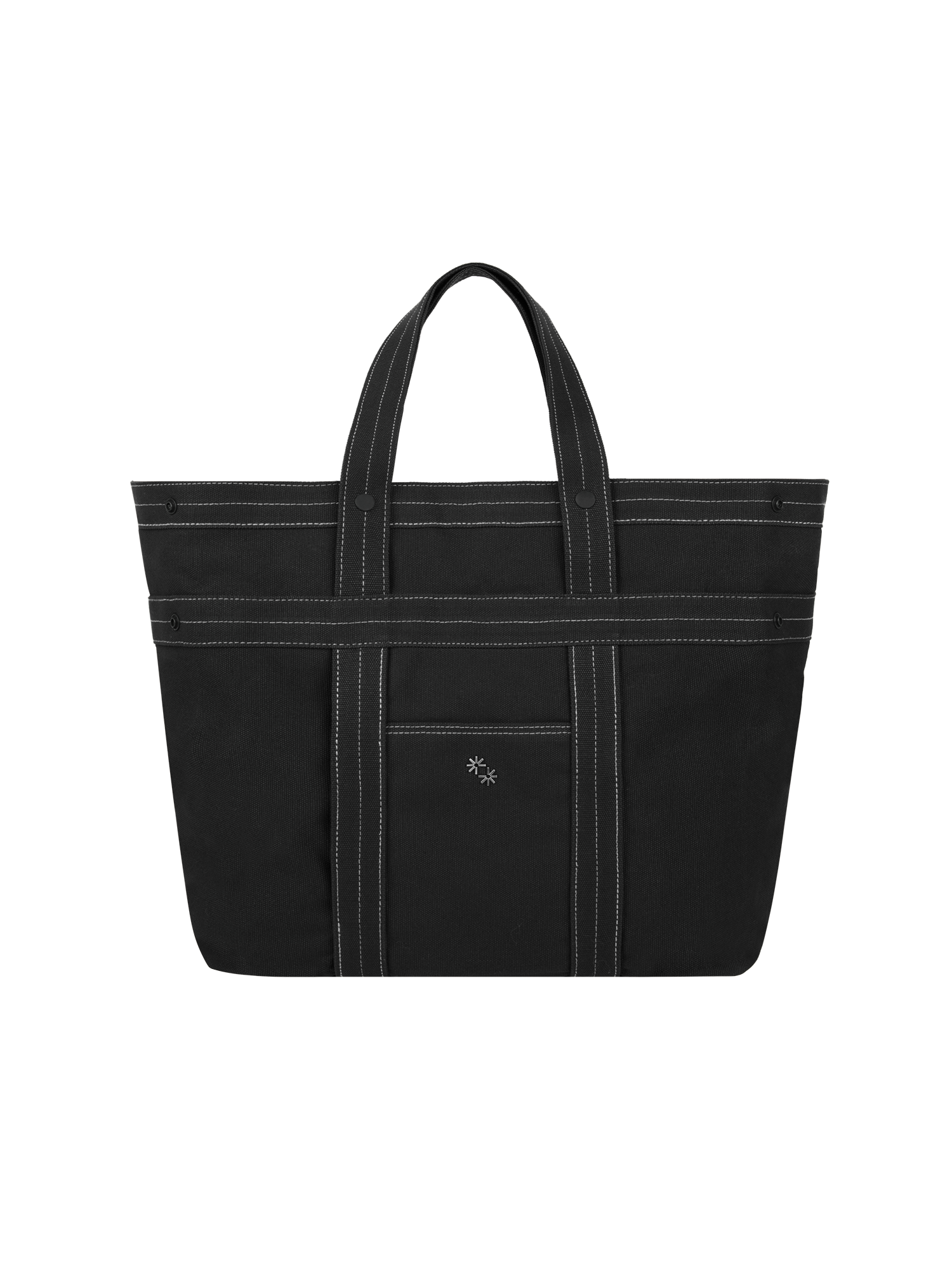 Black tote bag with a visible brand logo on a white background