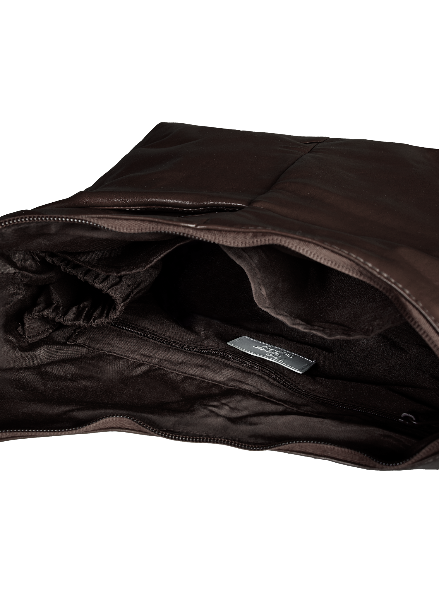 Interior of the Midi Arc hobo-style bag in dark brown vegan leather, with multiple pockets and a bottle holder